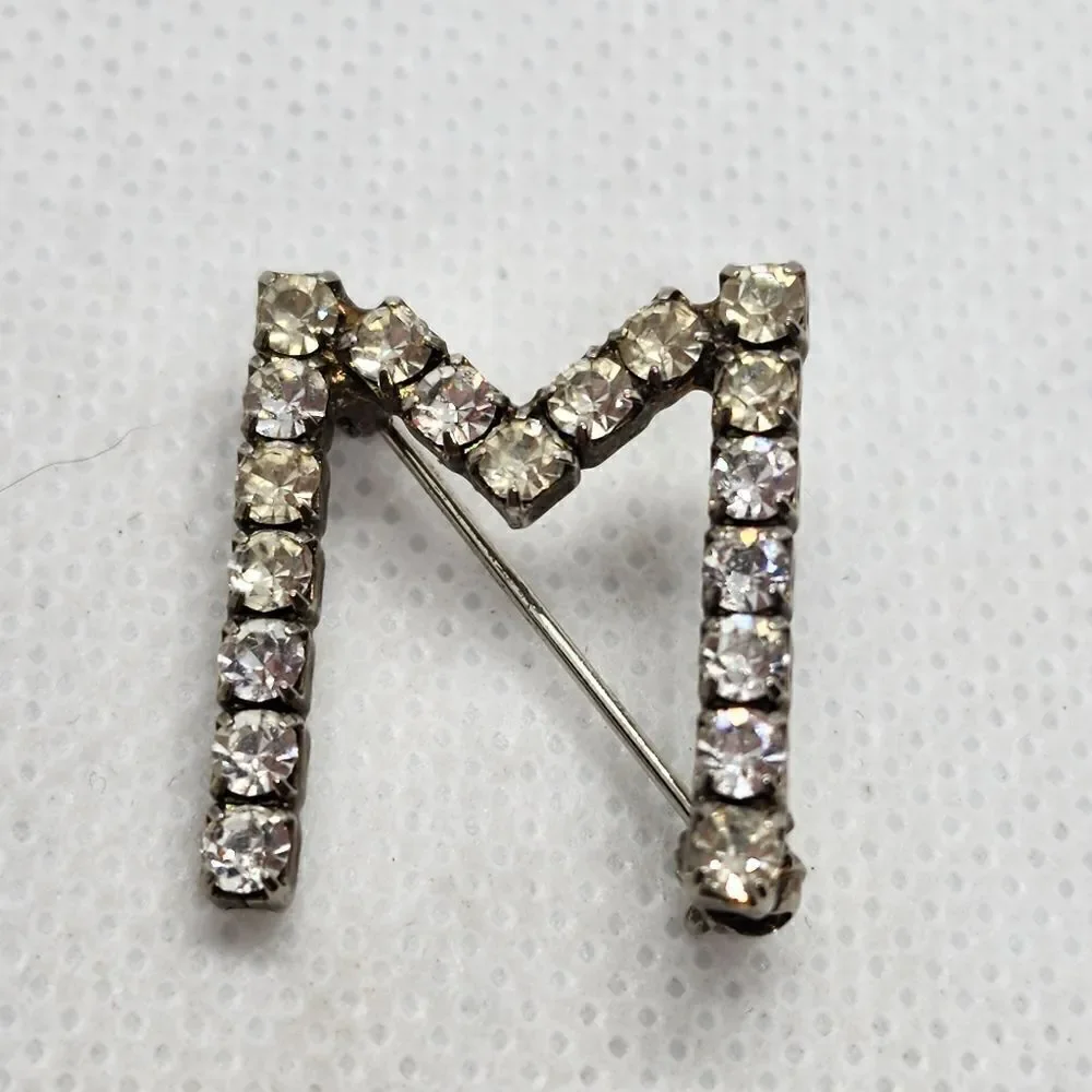 Vintage M Rhinestone Brooch